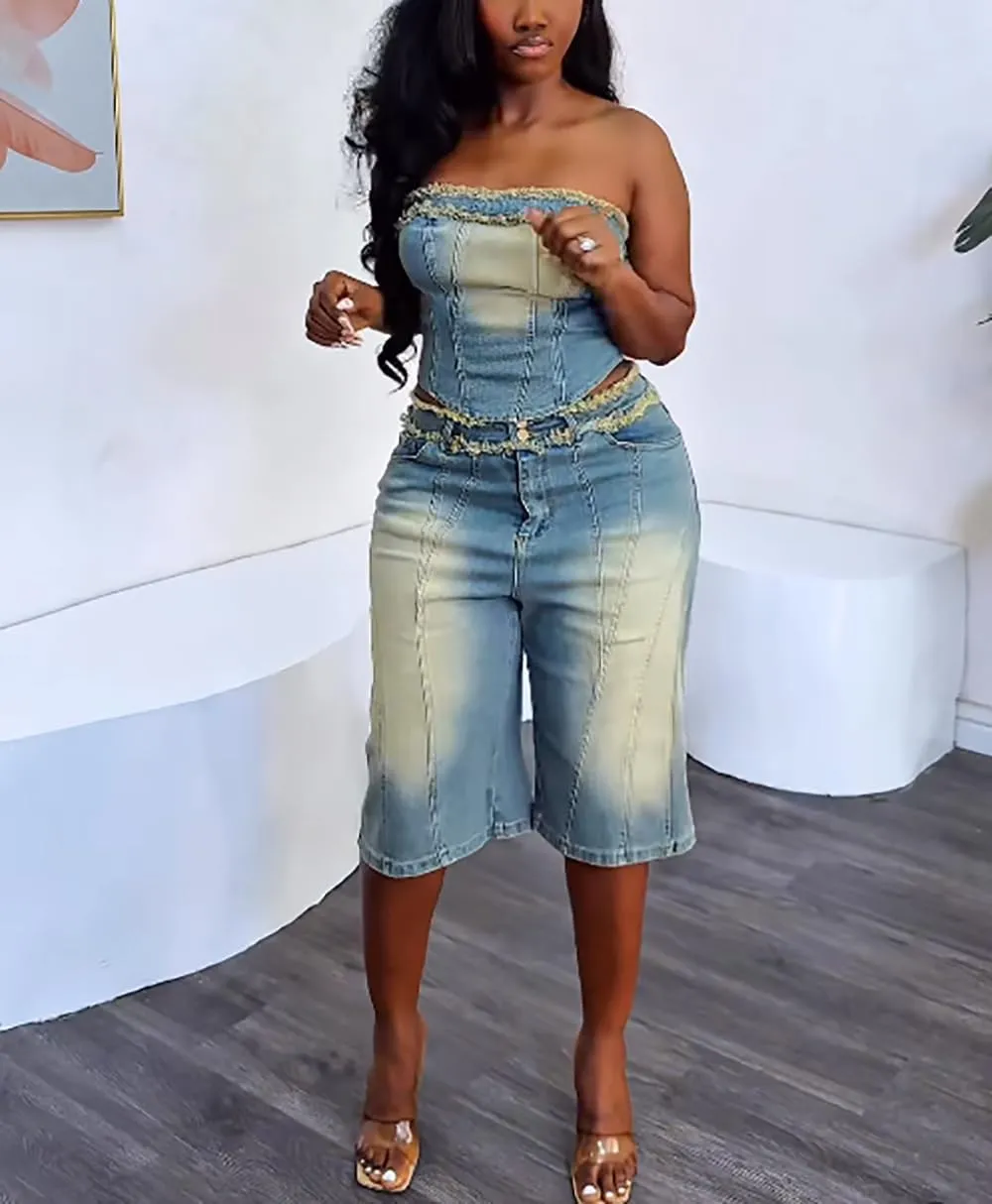 Women Fashion 2 Piece Denim Sets Sexy Tube Crop Tops and High Waisted Short Jeans Fascinating Jean Outfits Streetwear