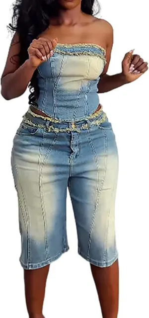 Women Fashion 2 Piece Denim Sets Sexy Tube Crop Tops and High Waisted Short Jeans Fascinating Jean Outfits Streetwear