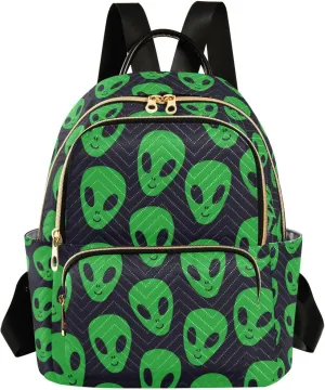 Women Fashion Backpack Green Aliens Face Sturdy Daily Bag Compact Regular Bag Diaper Bag