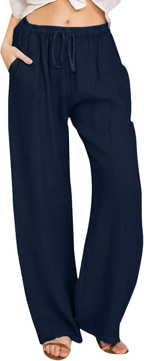 Women Linen Summer Breathable Pants High Waist Stretchy Slim-Fit Palazzo Lounge Pants Work Business