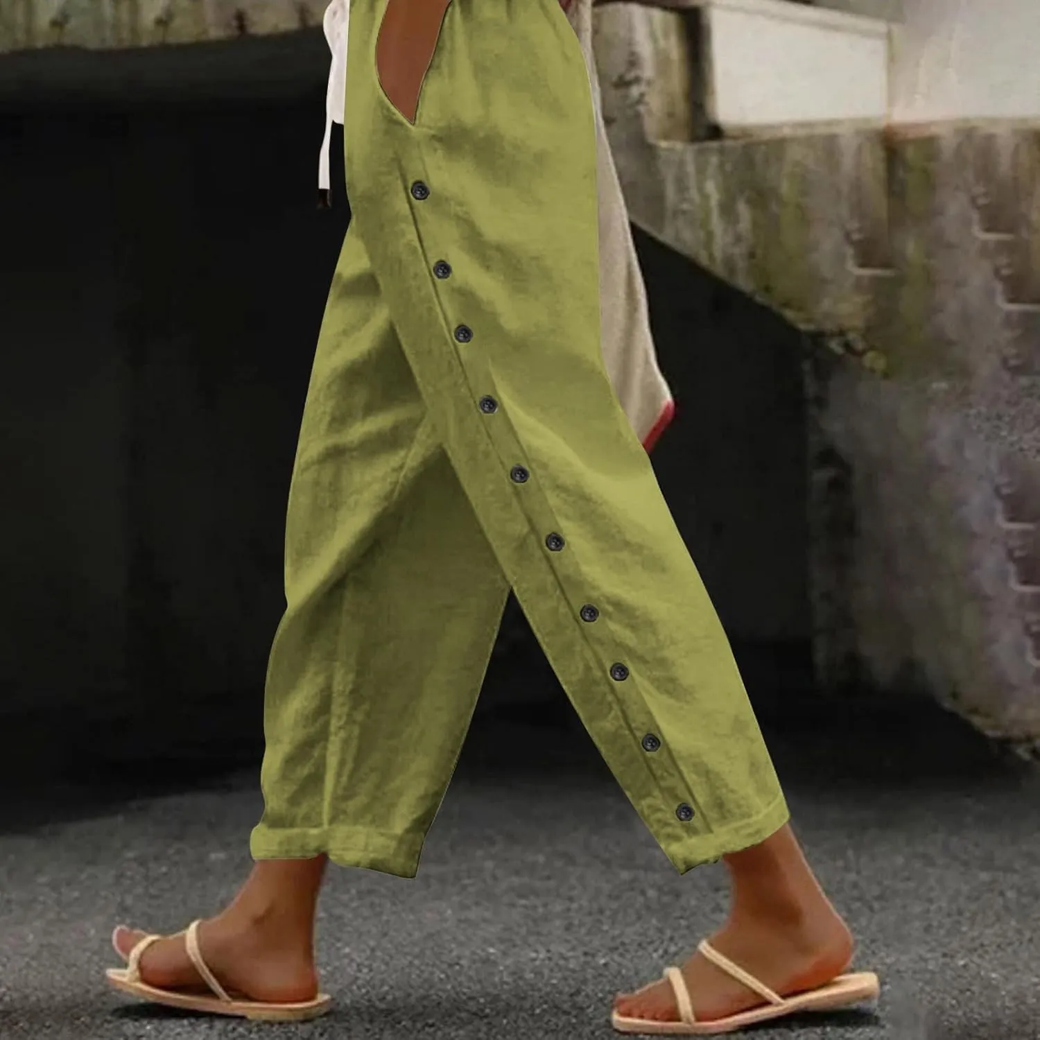 Women Linen Summer Loose Flowy Pant Trousers Low Waist Wide Leg Slim-Fit Palazzo Lounge Pants Work Business