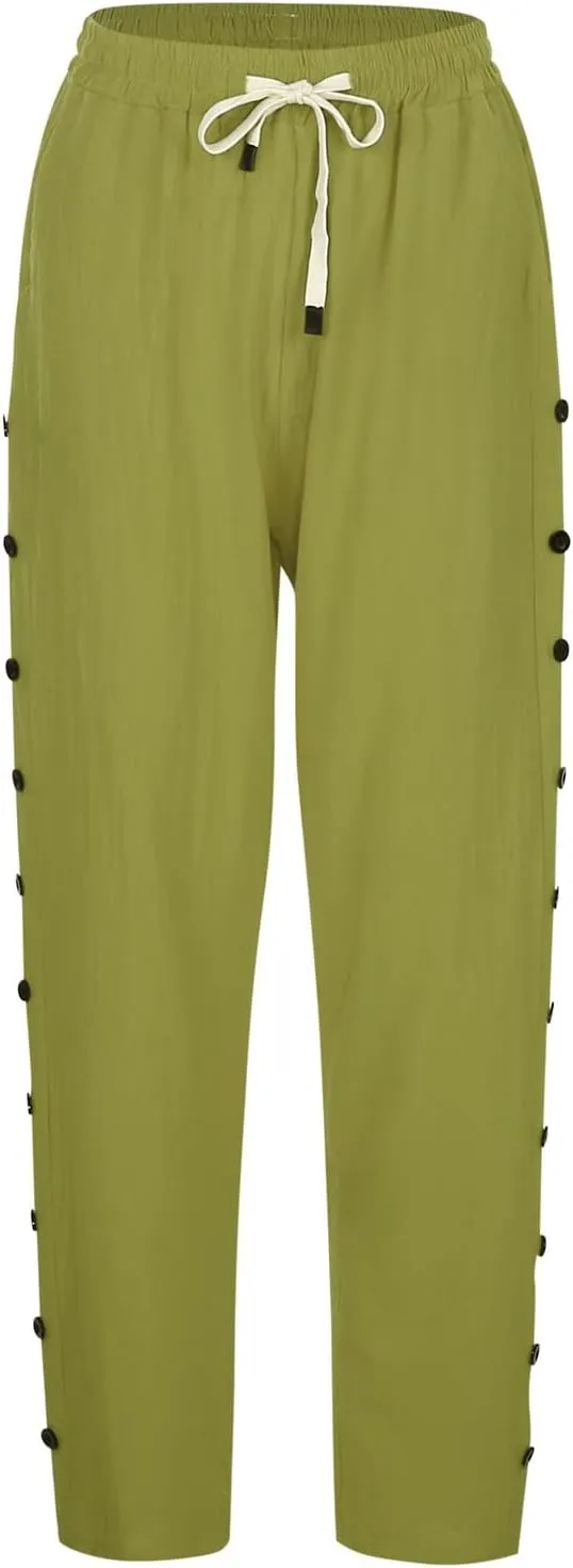 Women Linen Summer Loose Flowy Pant Trousers Low Waist Wide Leg Slim-Fit Palazzo Lounge Pants Work Business