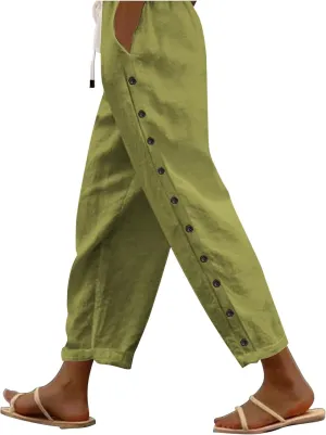 Women Linen Summer Loose Flowy Pant Trousers Low Waist Wide Leg Slim-Fit Palazzo Lounge Pants Work Business