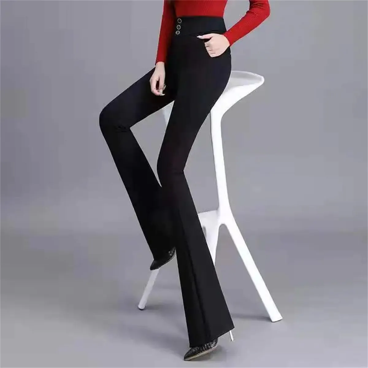 Women Spring Summer High Waist Pants Flare Ladies Slim Casual Trousers Elegant Solid Color Elastic Waist Trousers