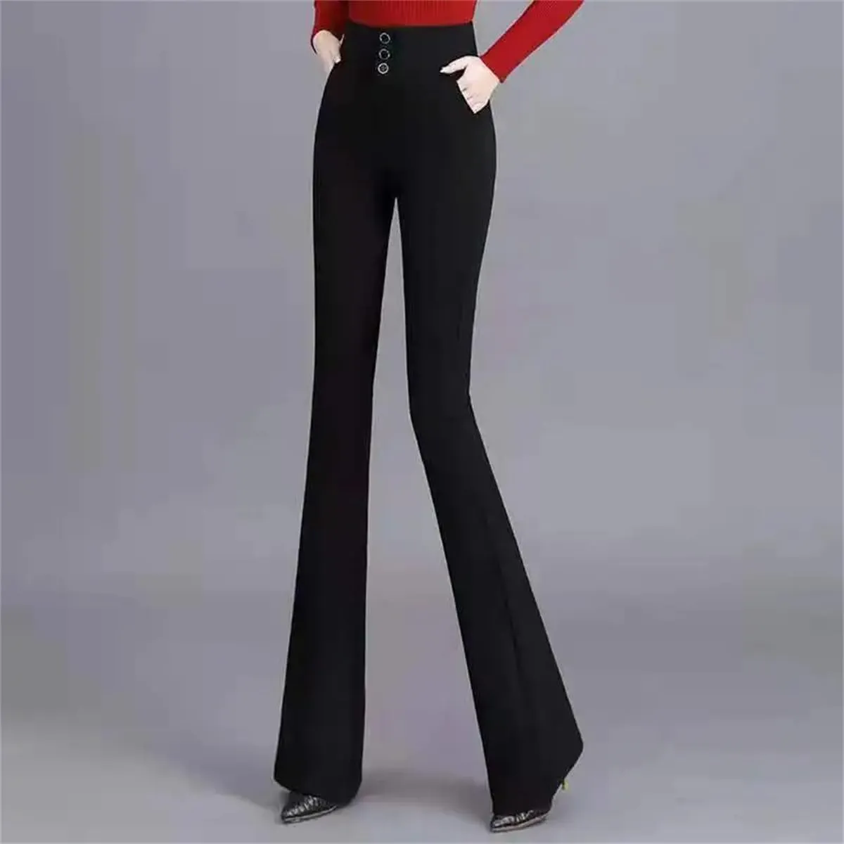 Women Spring Summer High Waist Pants Flare Ladies Slim Casual Trousers Elegant Solid Color Elastic Waist Trousers