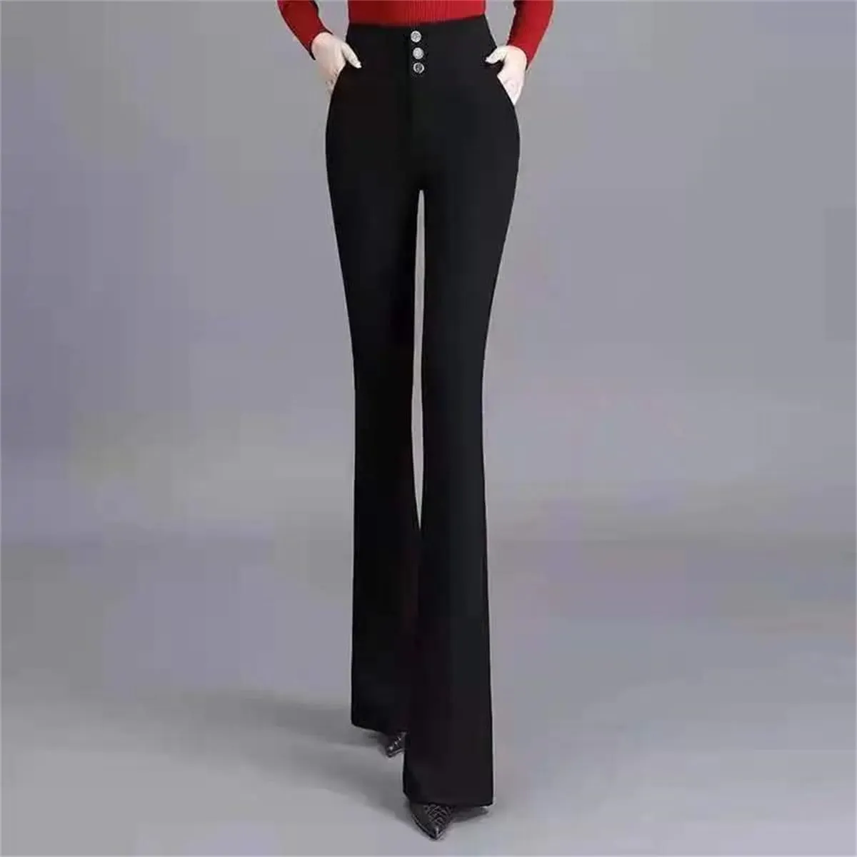 Women Spring Summer High Waist Pants Flare Ladies Slim Casual Trousers Elegant Solid Color Elastic Waist Trousers