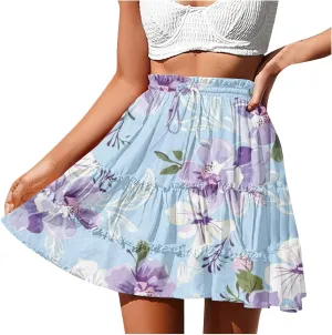 Women Summer Boho Floral Skirts 2025 Trendy Beach Mini Skirt Elastic Waist Tiered Ruffle Pleated Skirts