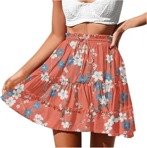 Women Summer Boho Floral Skirts 2025 Trendy Beach Mini Skirt Elastic Waist Tiered Ruffle Pleated Skirts