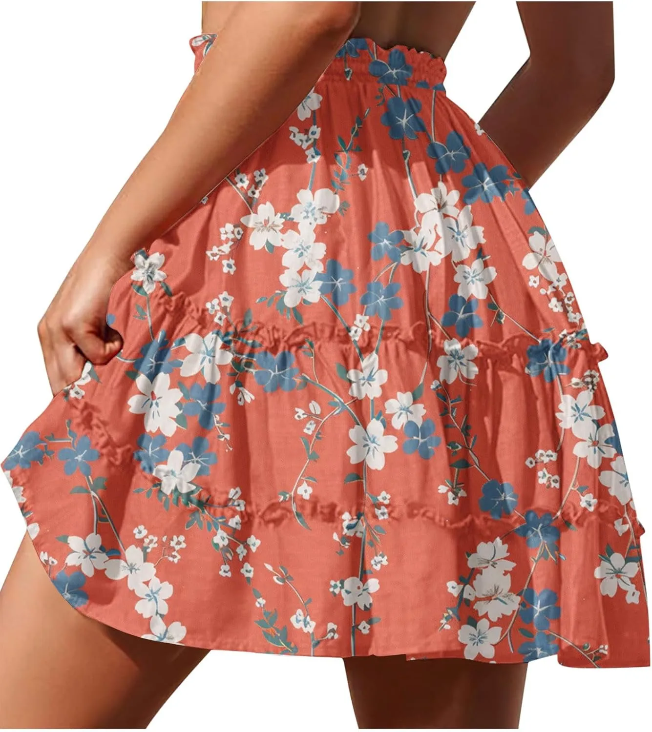 Women Summer Boho Floral Skirts 2025 Trendy Beach Mini Skirt Elastic Waist Tiered Ruffle Pleated Skirts