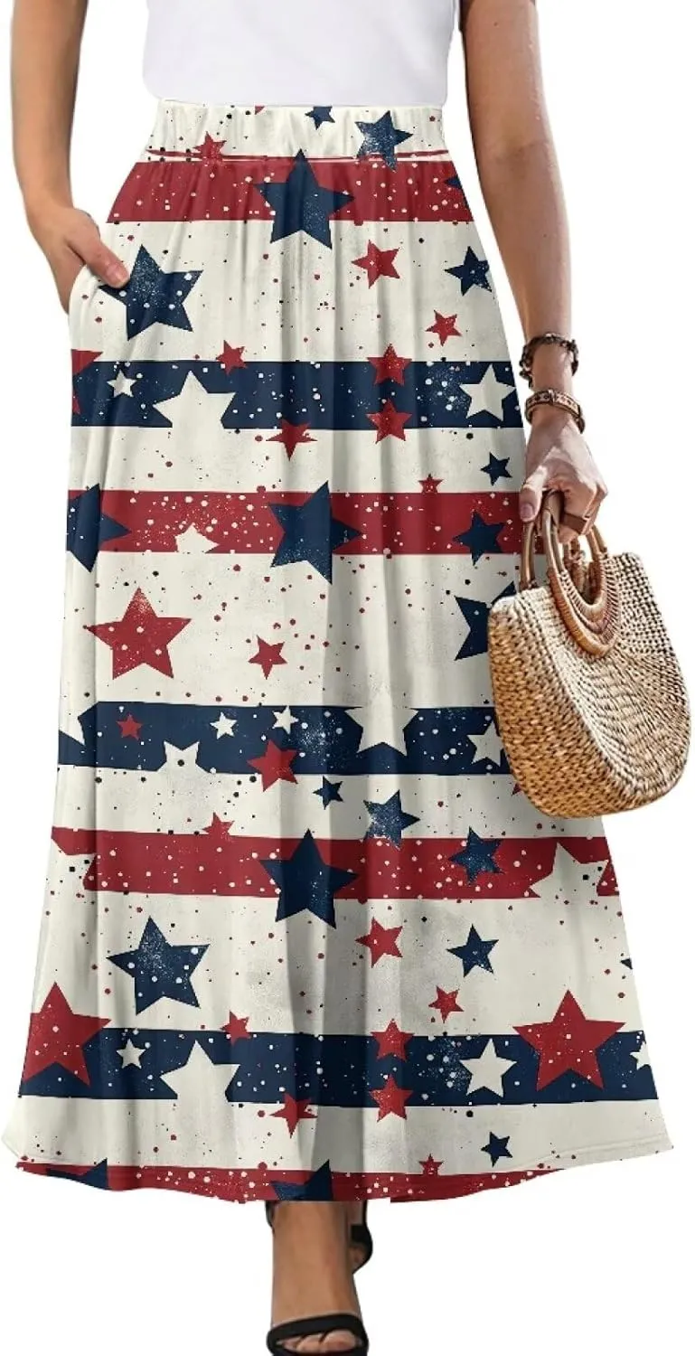 Women Summer Fashion Skirts with Pockets High Waist Pleated A-Line Flared Maxi Skirts Casual Long Skirt S-XXL