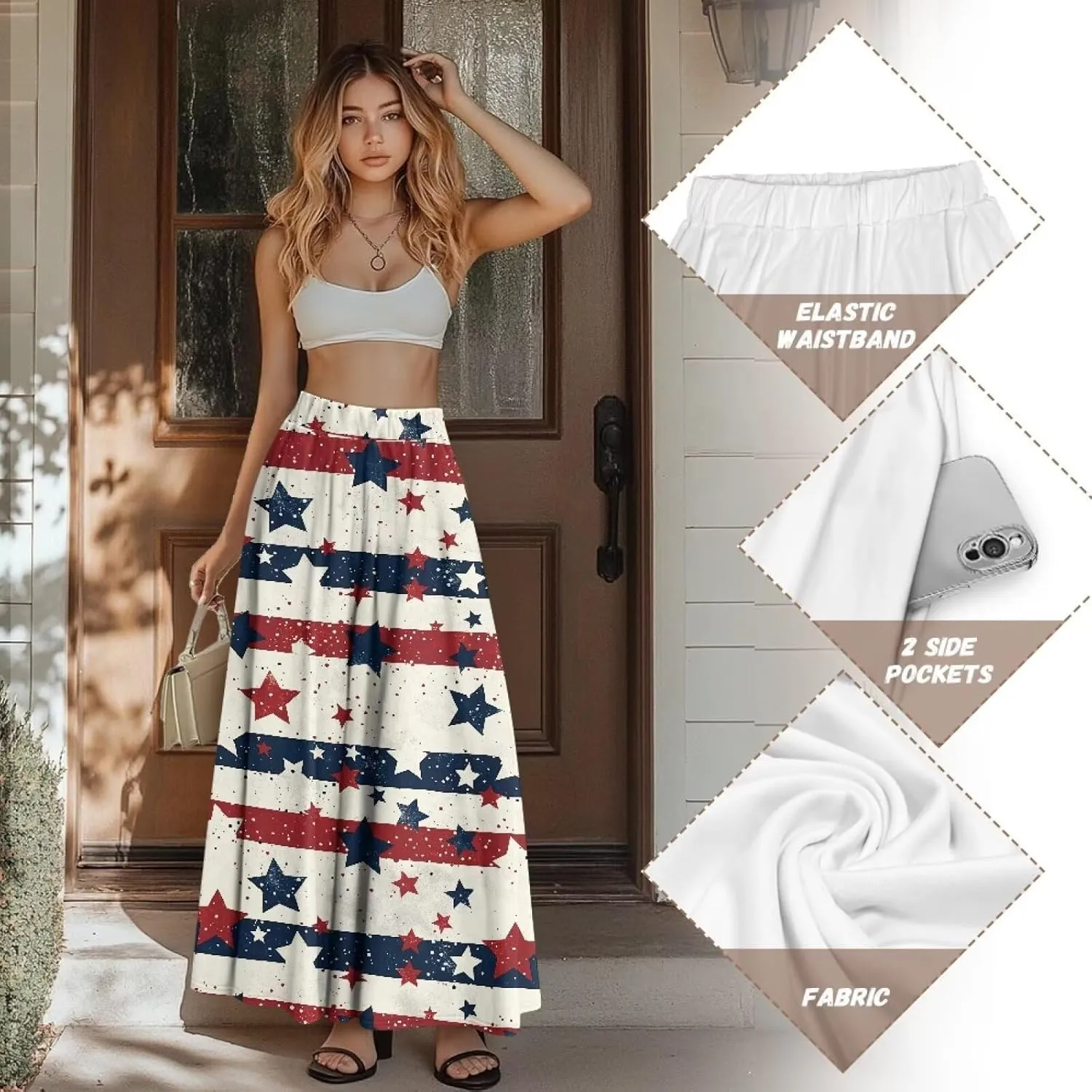 Women Summer Fashion Skirts with Pockets High Waist Pleated A-Line Flared Maxi Skirts Casual Long Skirt S-XXL