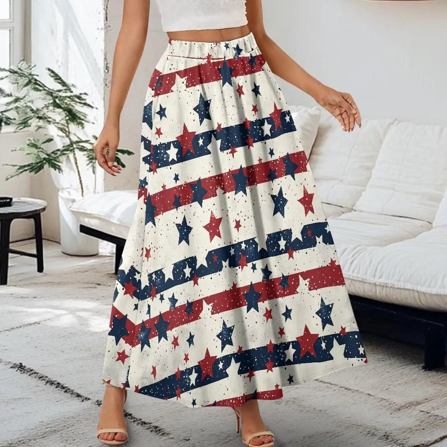 Women Summer Fashion Skirts with Pockets High Waist Pleated A-Line Flared Maxi Skirts Casual Long Skirt S-XXL