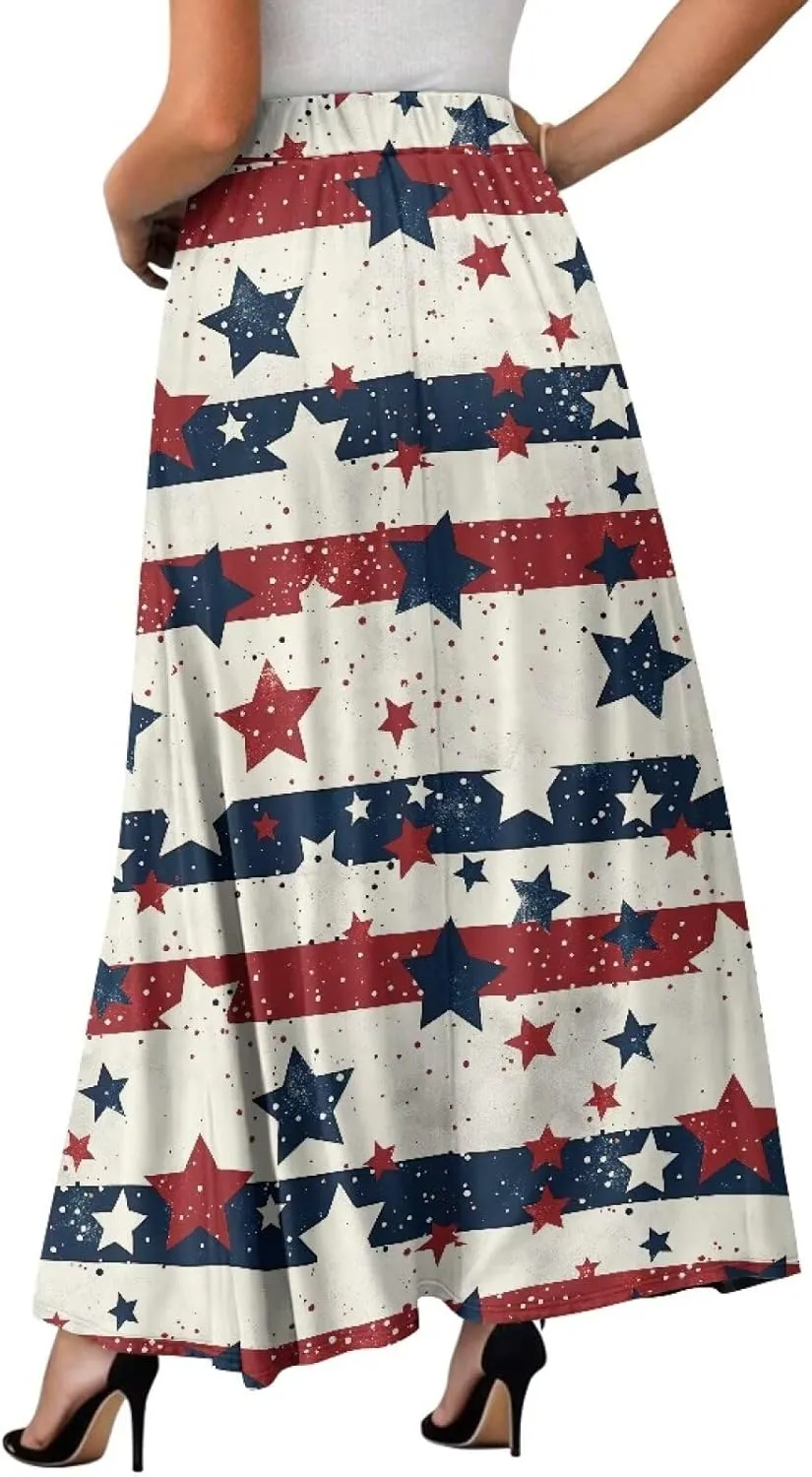 Women Summer Fashion Skirts with Pockets High Waist Pleated A-Line Flared Maxi Skirts Casual Long Skirt S-XXL