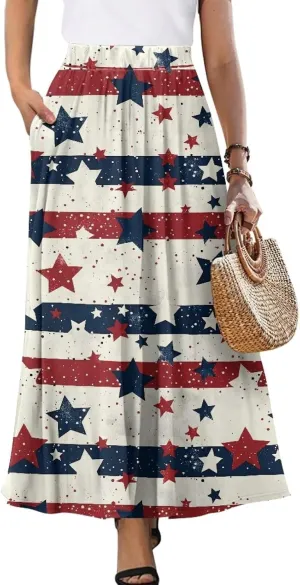 Women Summer Fashion Skirts with Pockets High Waist Pleated A-Line Flared Maxi Skirts Casual Long Skirt S-XXL