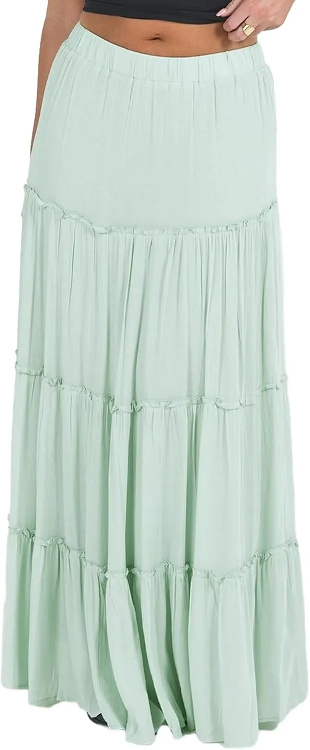 Women Summer Tiered Maxi Skirt Elastic High Waist A Line Boho Beach Dress Flowy Big Swing Long Skirts