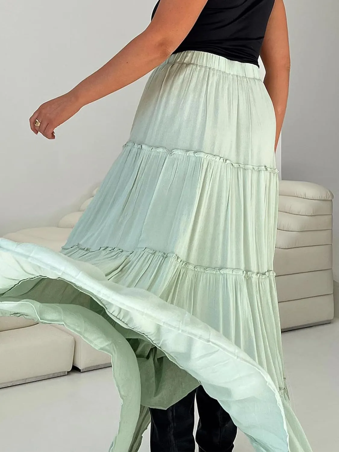 Women Summer Tiered Maxi Skirt Elastic High Waist A Line Boho Beach Dress Flowy Big Swing Long Skirts