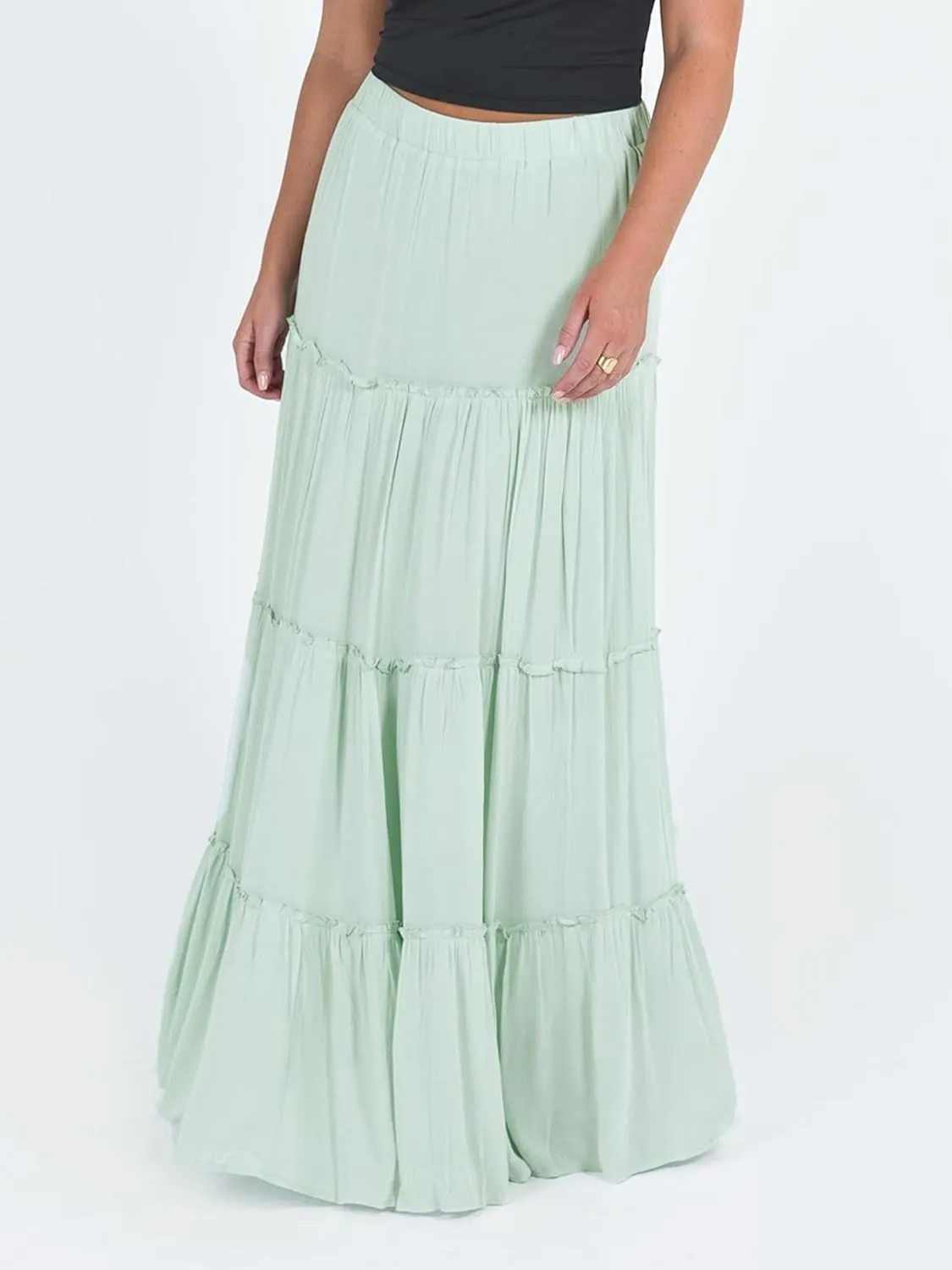 Women Summer Tiered Maxi Skirt Elastic High Waist A Line Boho Beach Dress Flowy Big Swing Long Skirts