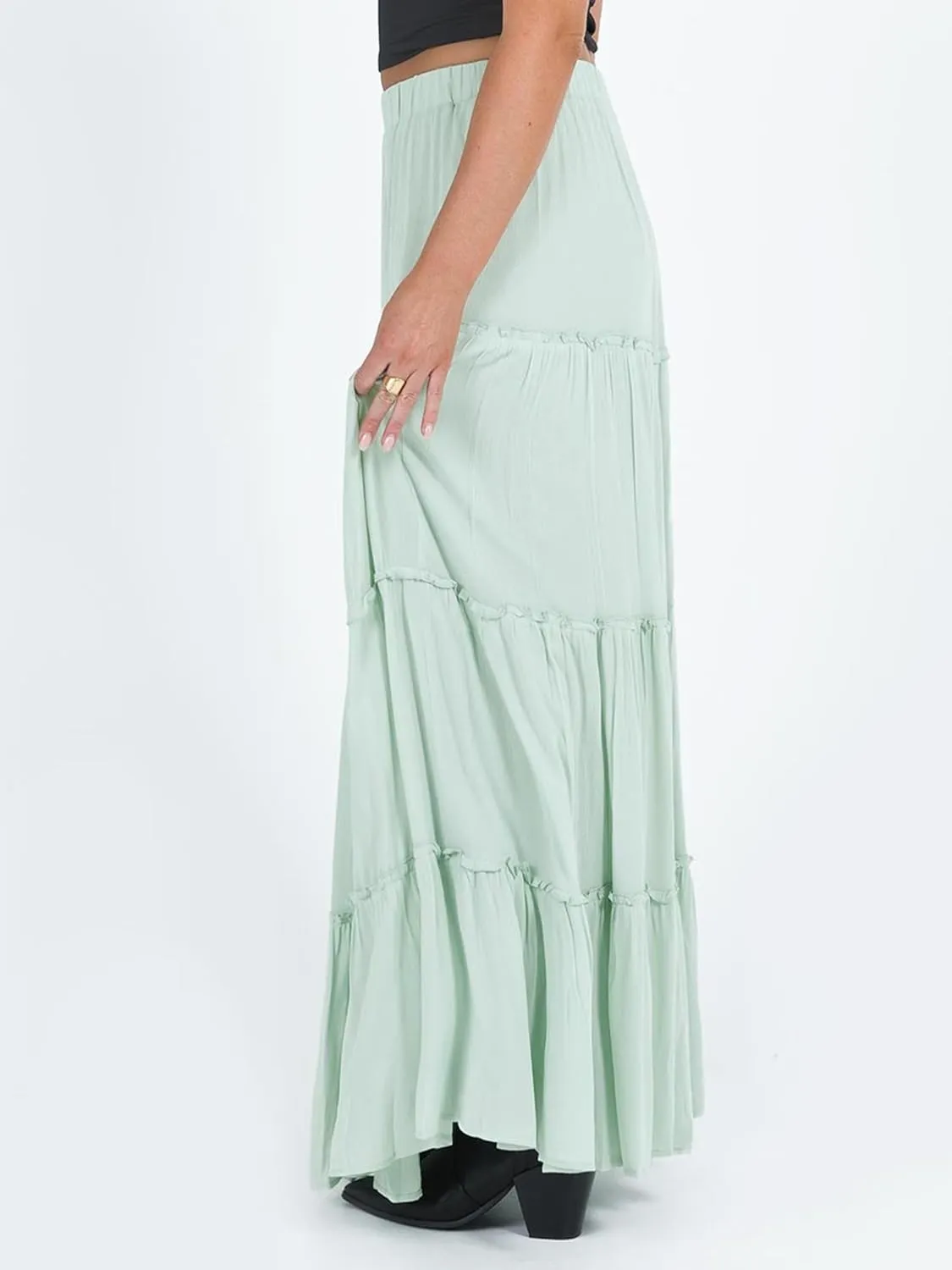 Women Summer Tiered Maxi Skirt Elastic High Waist A Line Boho Beach Dress Flowy Big Swing Long Skirts