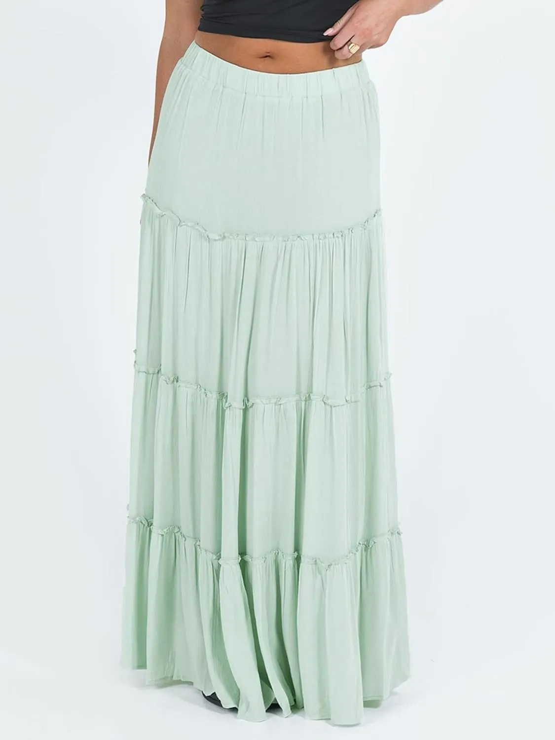 Women Summer Tiered Maxi Skirt Elastic High Waist A Line Boho Beach Dress Flowy Big Swing Long Skirts