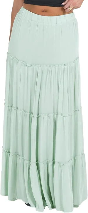 Women Summer Tiered Maxi Skirt Elastic High Waist A Line Boho Beach Dress Flowy Big Swing Long Skirts