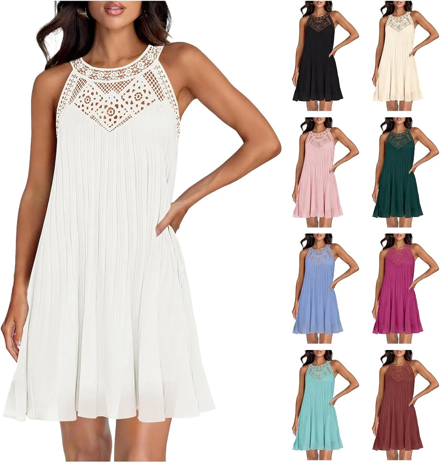 Women's 2025 Lace Hollow Out Halter Mini Dresses Casual Sleeveless Flowy Ruffle Beach Vacation A line Dress