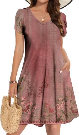 Women's 2025 Summer Casual Floral Boho Dress Flowing Ruffle T Shirt Dress Flowy a-Line Summer Outing V Midi Dresses