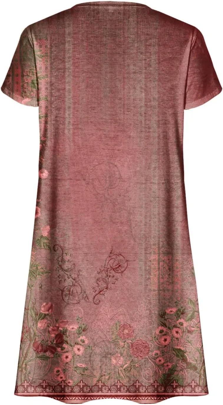 Women's 2025 Summer Casual Floral Boho Dress Flowing Ruffle T Shirt Dress Flowy a-Line Summer Outing V Midi Dresses