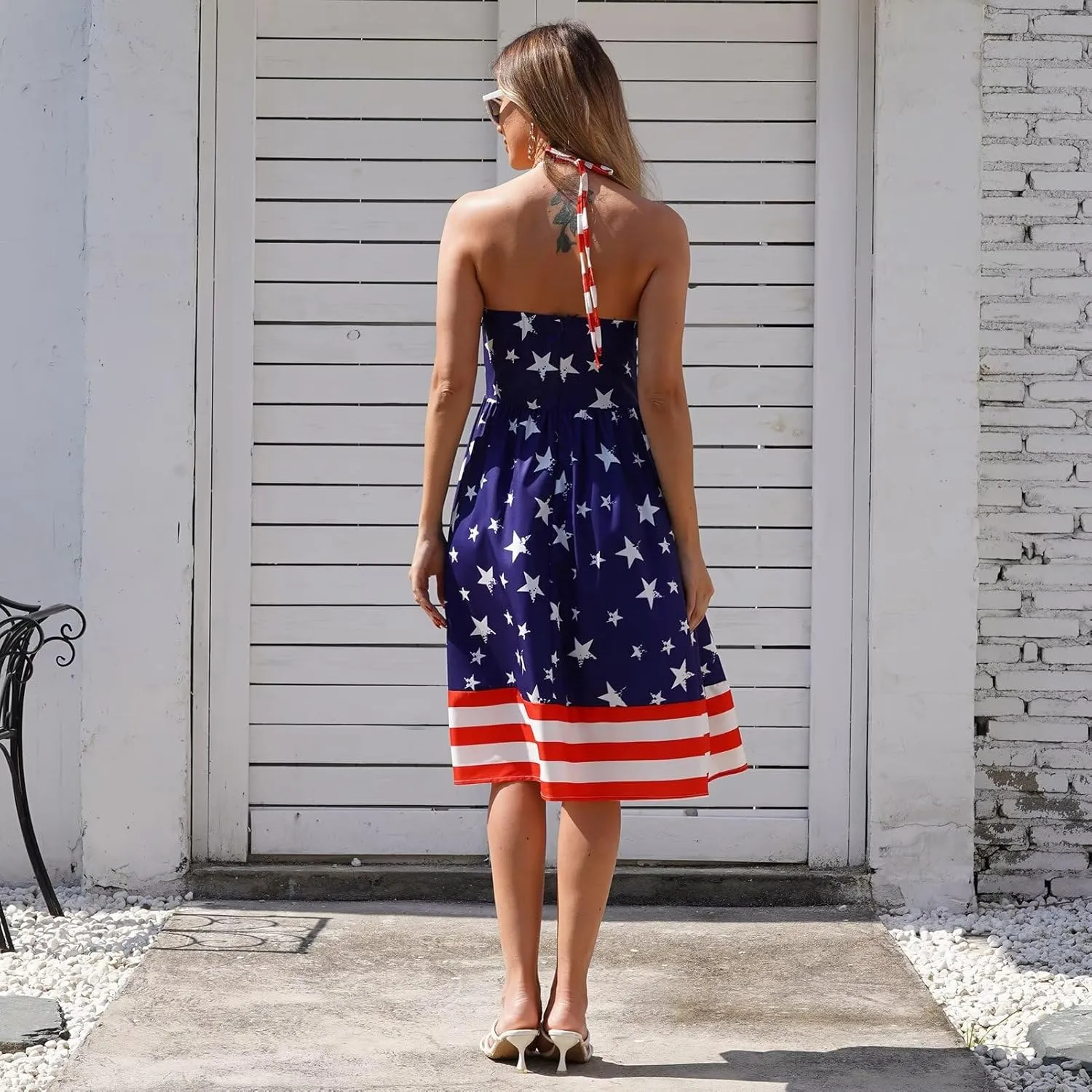 Women's 4th of July American Flag Dresses Retro 50s 60s Vintage Sleeveless Cocktail Swing Dress Patchwork Midi Dress