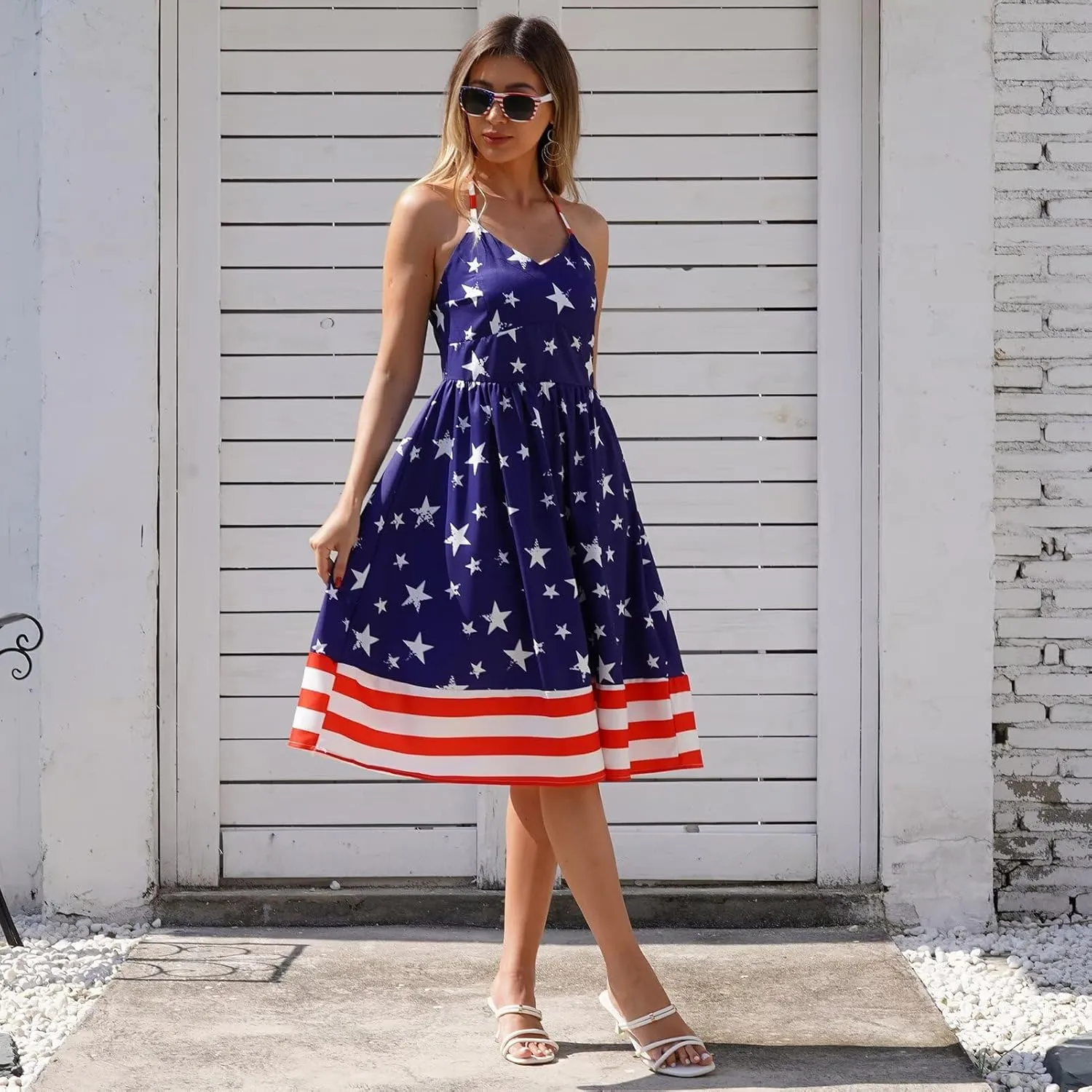 Women's 4th of July American Flag Dresses Retro 50s 60s Vintage Sleeveless Cocktail Swing Dress Patchwork Midi Dress