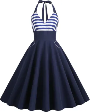 Women's 4th of July American Flag Dresses Retro 50s 60s Vintage Sleeveless Cocktail Swing Dress Patchwork Midi Dress
