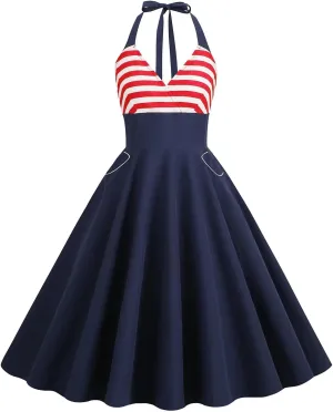 Women's 4th of July American Flag Dresses Retro 50s 60s Vintage Sleeveless Cocktail Swing Dress Patchwork Midi Dress