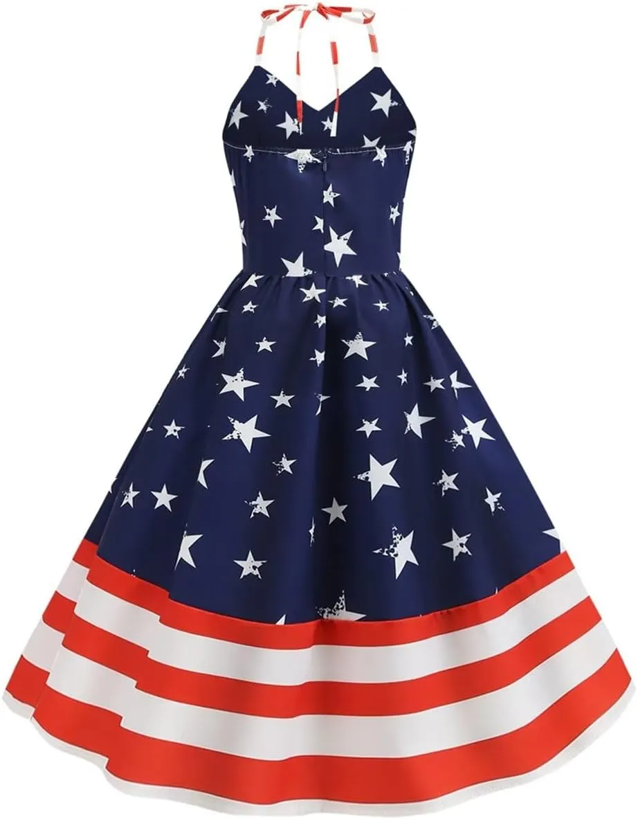 Women's 4th of July American Flag Dresses Retro 50s 60s Vintage Sleeveless Cocktail Swing Dress Patchwork Midi Dress