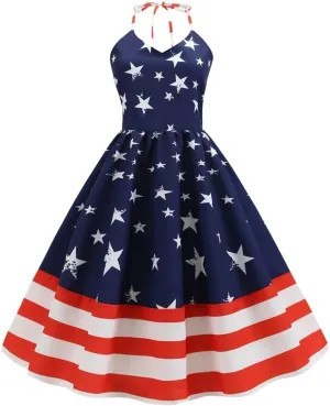 Women's 4th of July American Flag Dresses Retro 50s 60s Vintage Sleeveless Cocktail Swing Dress Patchwork Midi Dress