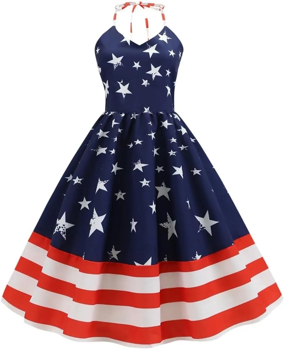 Women's 4th of July American Flag Dresses Retro 50s 60s Vintage Sleeveless Cocktail Swing Dress Patchwork Midi Dress