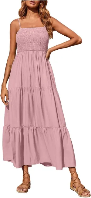 Women's Boho Dress Spaghetti Strap Smocked Tiered Dress Long Beach Sun Dresses Summer Sleeveless Solid Maxi Dress