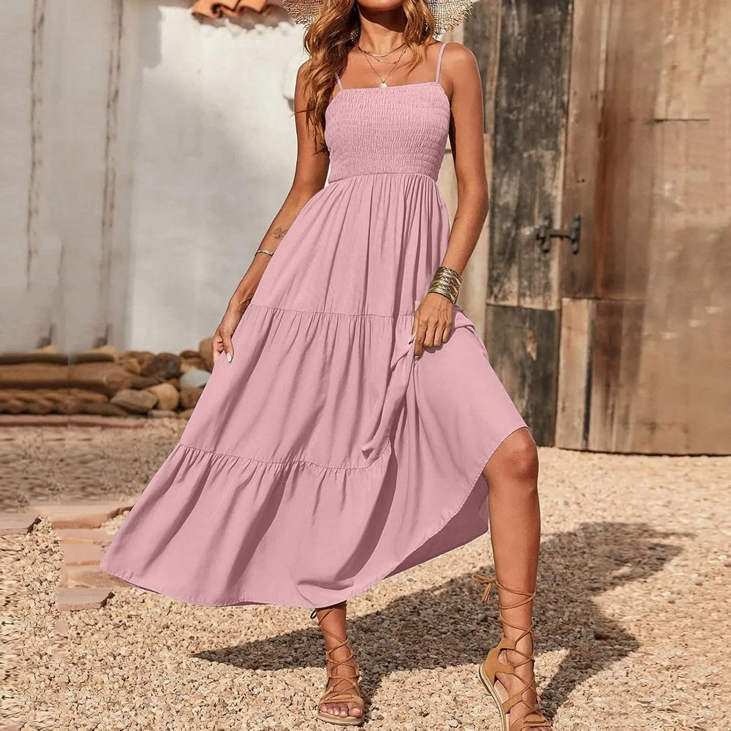 Women's Boho Dress Spaghetti Strap Smocked Tiered Dress Long Beach Sun Dresses Summer Sleeveless Solid Maxi Dress