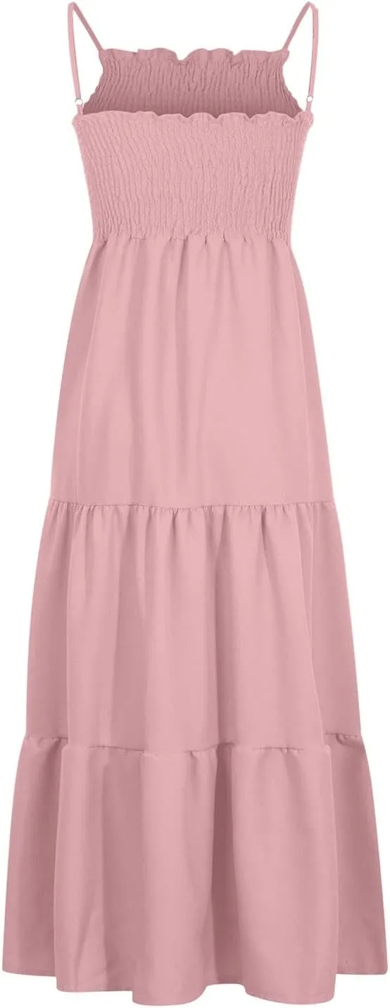Women's Boho Dress Spaghetti Strap Smocked Tiered Dress Long Beach Sun Dresses Summer Sleeveless Solid Maxi Dress