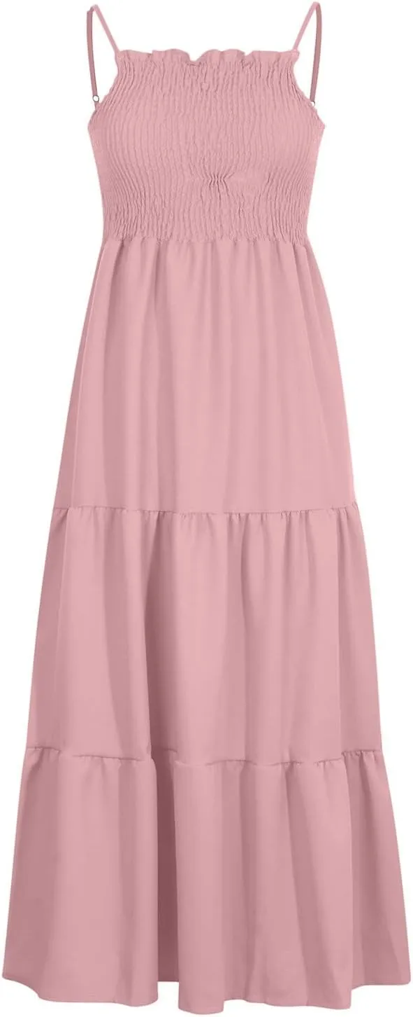 Women's Boho Dress Spaghetti Strap Smocked Tiered Dress Long Beach Sun Dresses Summer Sleeveless Solid Maxi Dress