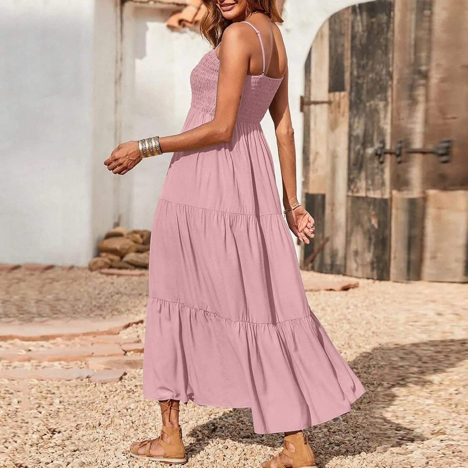 Women's Boho Dress Spaghetti Strap Smocked Tiered Dress Long Beach Sun Dresses Summer Sleeveless Solid Maxi Dress