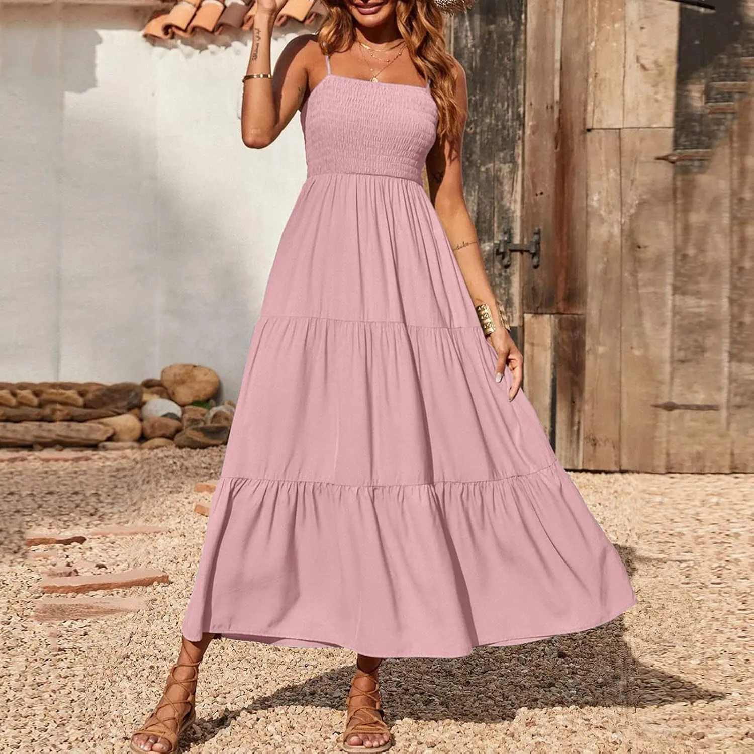 Women's Boho Dress Spaghetti Strap Smocked Tiered Dress Long Beach Sun Dresses Summer Sleeveless Solid Maxi Dress