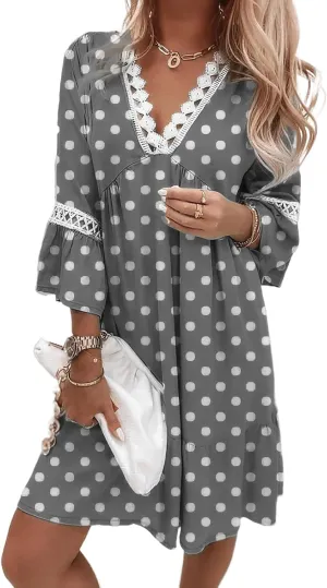 Women's Boho Floral Lace V-Neck Dress, 3/4 Sleeve Mini Beach Sundress, Flowy Swing Hawaiian Print for Summer 2024