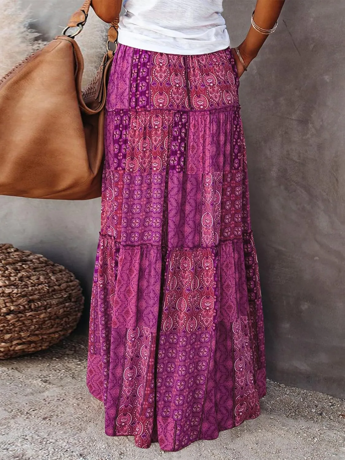 Womens Boho Print Tiered Long Skirts Vintage Elastic High Waist Pleated Ruffle Flowy Maxi Skirt with Pockets