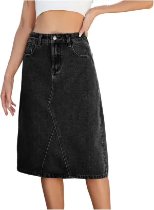Women's Casual Denim High Waisted Stretch Skirt Summer Trendy Wash Button Down A-Line Midi Jean Skirts with Pockets