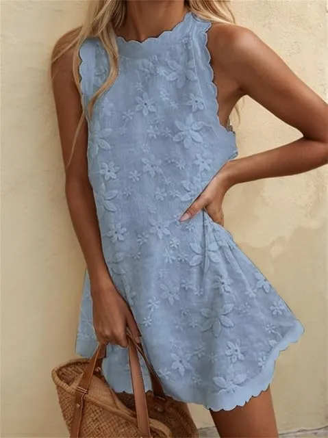 Women's Casual Embroidered Lace Floral Sleeveless Mini Dress A-line Beach Vacation Dresses Ruffle Swing Loose Tank Sundresses