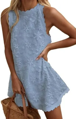 Women's Casual Embroidered Lace Floral Sleeveless Mini Dress A-line Beach Vacation Dresses Ruffle Swing Loose Tank Sundresses