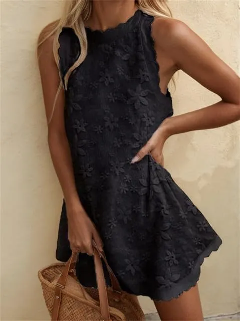 Women's Casual Embroidered Lace Floral Sleeveless Mini Dress A-line Beach Vacation Dresses Ruffle Swing Loose Tank Sundresses