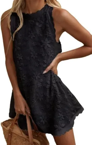 Women's Casual Embroidered Lace Floral Sleeveless Mini Dress A-line Beach Vacation Dresses Ruffle Swing Loose Tank Sundresses