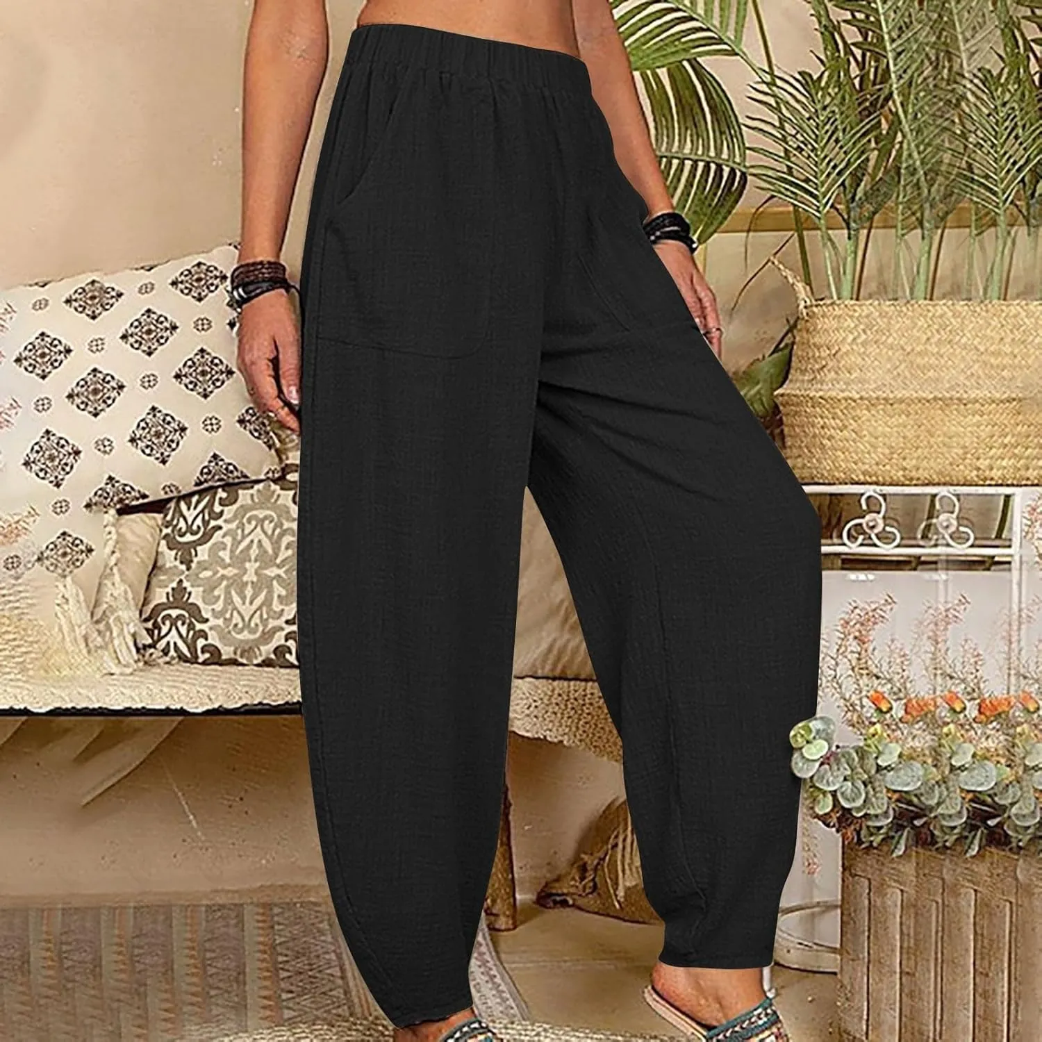 Womens Cotton Linen Harem Pants Lounge Elastic High Waist Trousers Summer Relaxed Fit Pant Solid Comfy Pockets Pants