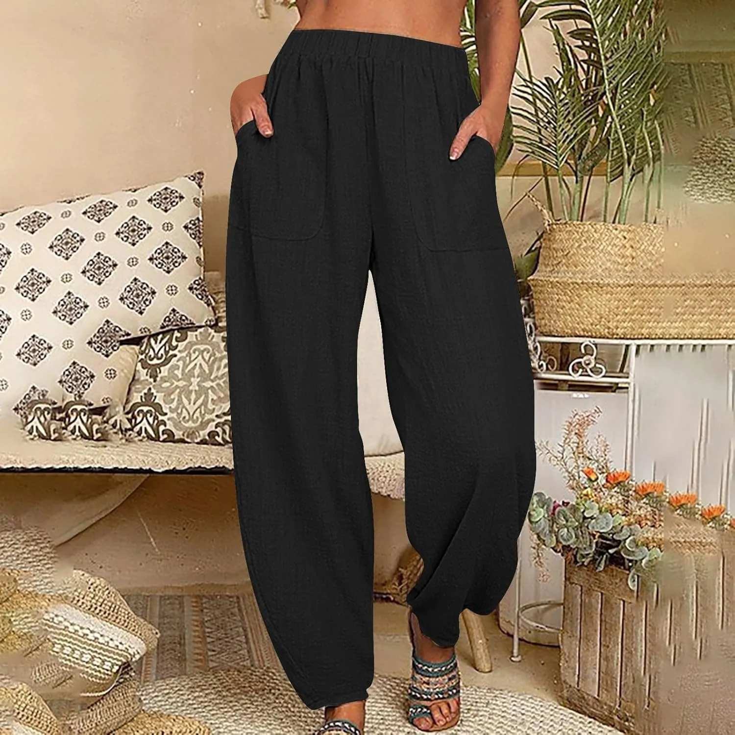 Womens Cotton Linen Harem Pants Lounge Elastic High Waist Trousers Summer Relaxed Fit Pant Solid Comfy Pockets Pants