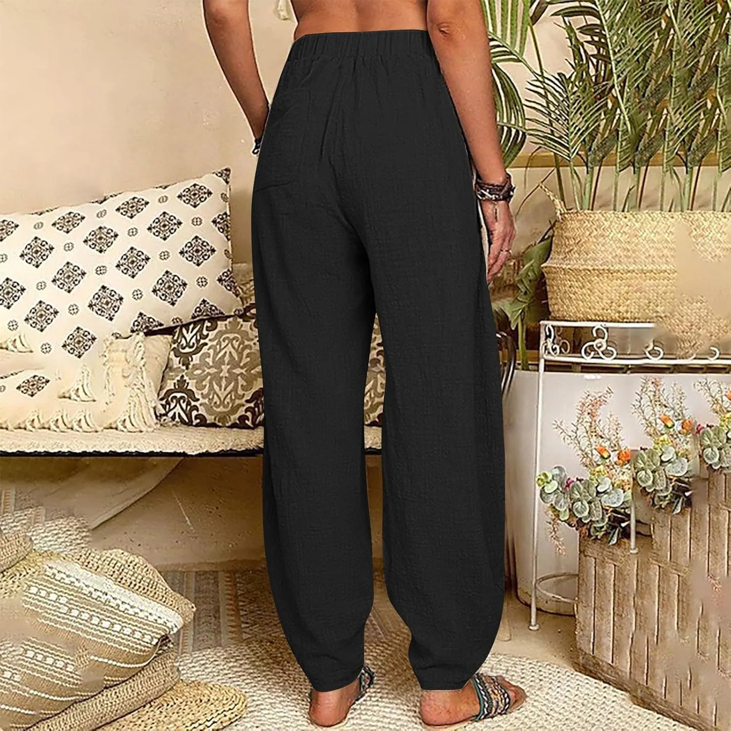 Womens Cotton Linen Harem Pants Lounge Elastic High Waist Trousers Summer Relaxed Fit Pant Solid Comfy Pockets Pants